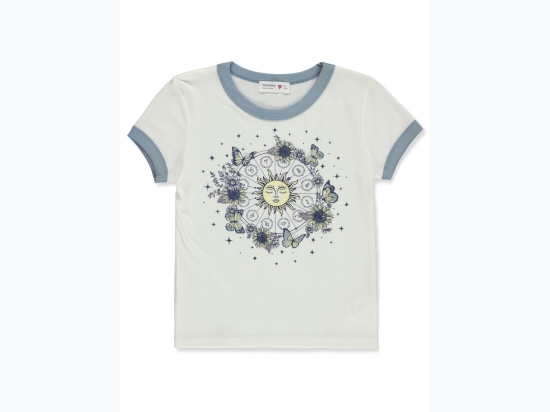 Girl's Floral Celestial Zodiac Sun Graphic Ribbed T-Shirt in White