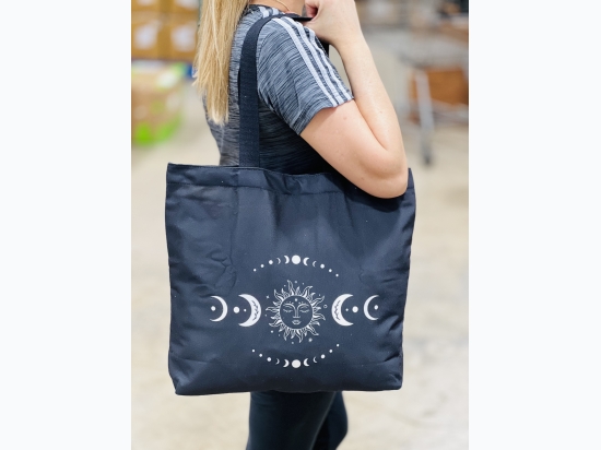 Sun & Moon Phases Zippered Canvas Tote Bag in Black