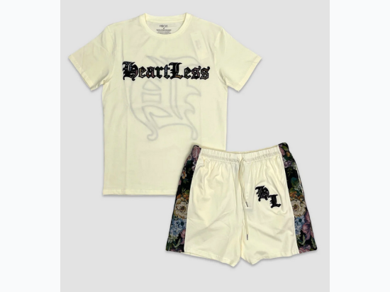 Men's Heartless Tapestry Detail Short Set - CREAM - SIZE S