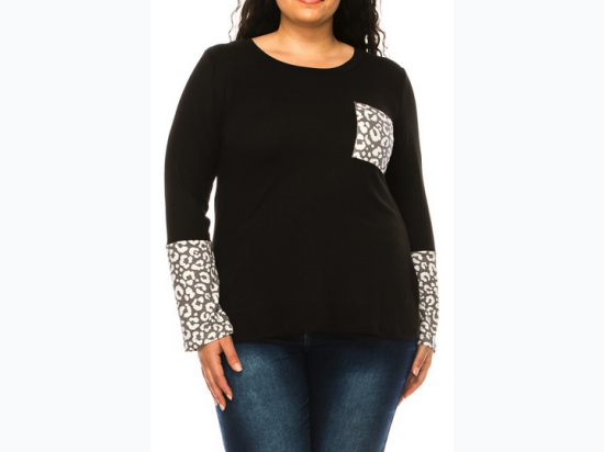 Plus Size Top with Animal Print Accent Pocket and Sleeve - 2 Color Options