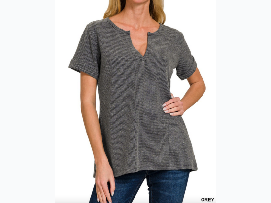 Women's Melange Baby Waffle Short Sleeve V-Neck Top - 3 Color Options