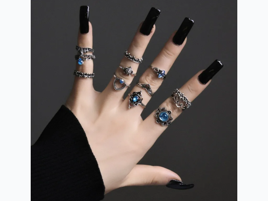 Women's Vintage Blue Gemstone Flower Heart Design 13pc Midi Ring Set