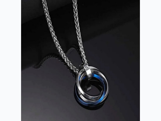 Men's Titanium Steel Triple Ring Pendant Necklace w/ Blue