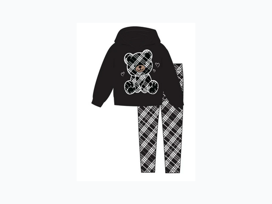 GIRLS PINK Plaid Teddy Bear Hooded Fleece Plaid Legging - Black & White