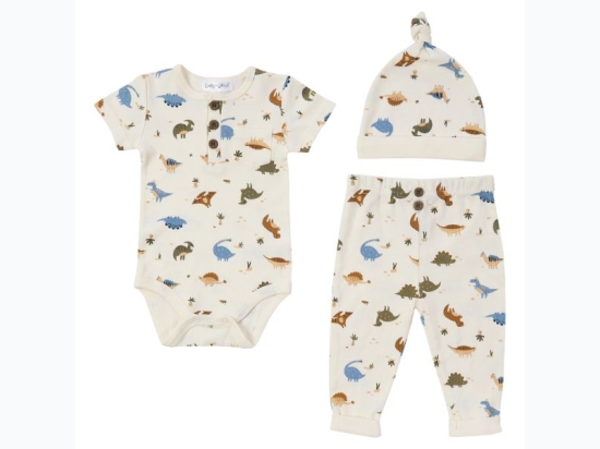 Unisex Baby 3pc Ribbed Dinosaur Print Onesie, Legging & Beanie Set