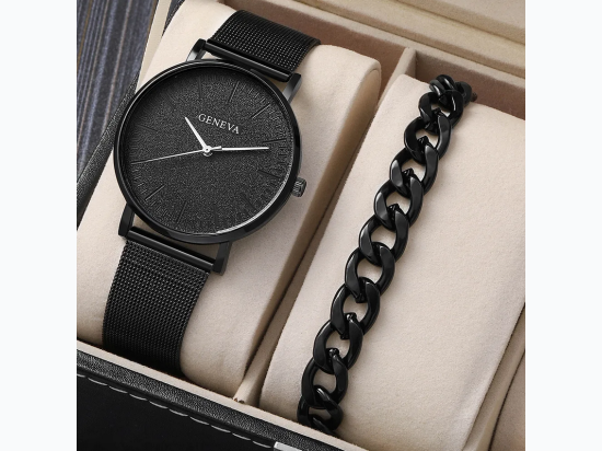 Men's Geneva Mesh Alloy Watch & Bracelet Set in All Black