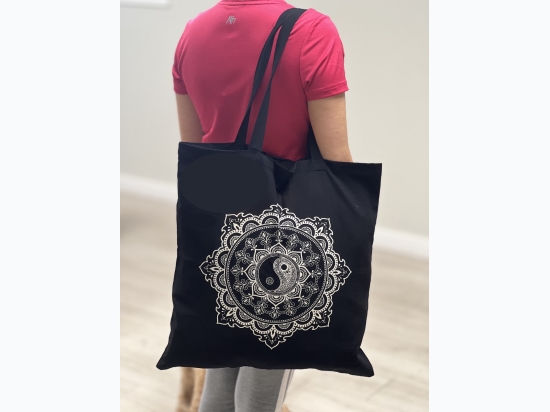 Black & White Ying Yang Lotus Mandala Cotton Tote Bag - 18"x18"