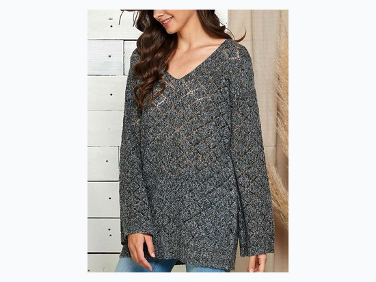 Plus Size Solid Color Knit V Neck Bell Sleeve Top in Charcoal