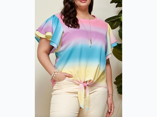 PLUS OMBRE RUFFLE FLUTTER SLEEVE TOP w FRONT TIE