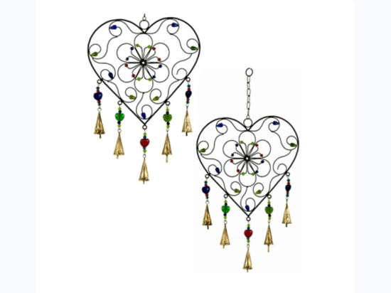 Decorative Filigree Heart Wind Chime w/ Bells & Beads - 24" L