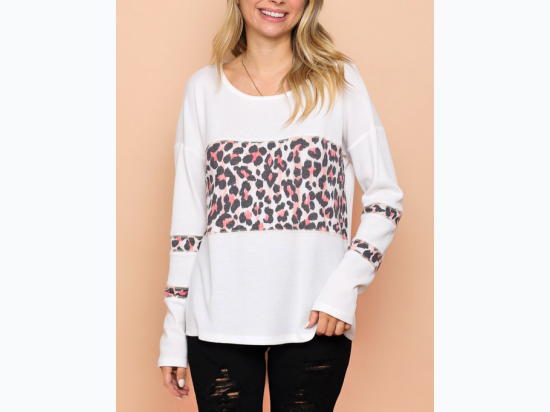 Women's Thermo Top with Leopard Print Contrast - Ivory