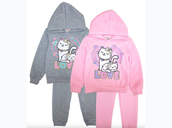 Toddlers - GIRLS PINK "Love Cat Heart" Screen Hooded Pull Over Jogset - 2 Color Options