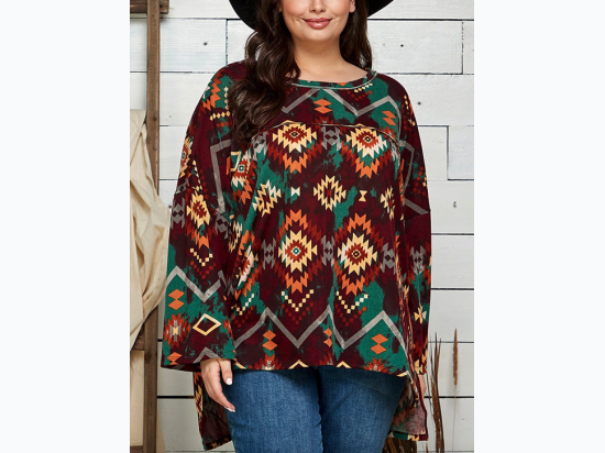 Plus Size Aztec Print Reverse Seam Poncho Style Tunic in Burgundy