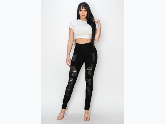 Women's High-Rise Skinny Stretch Distressed Denim Jeans in Black