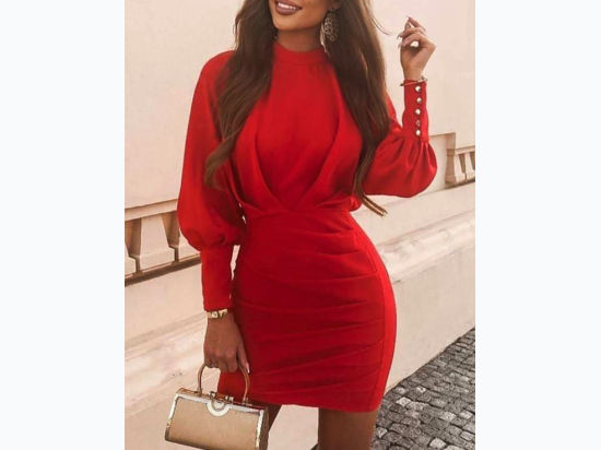 Women's Solid Lantern Sleeve Ruched Bodycon Dress in Red