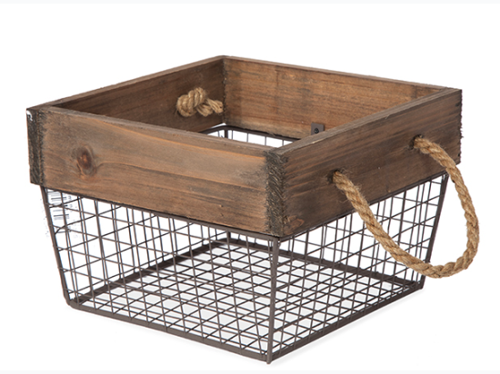 Square Wood and Wire Basket with Rope Handles