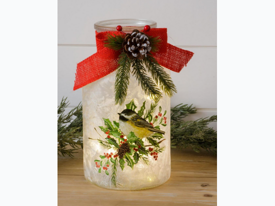 Frosted Glass Luminary With Bow - Chickadee on Branch