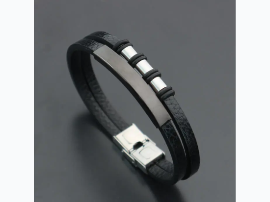 Men's Double Leather Black & Silver Polished Stainless Steel Bracelet in Black