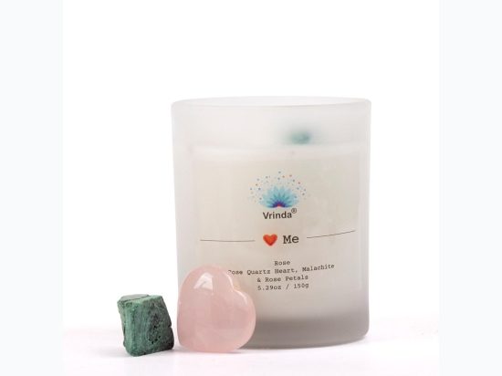 Premium Soy Blend Glass 5oz Candle w/ Crystals - Love Me - True Rose Scent