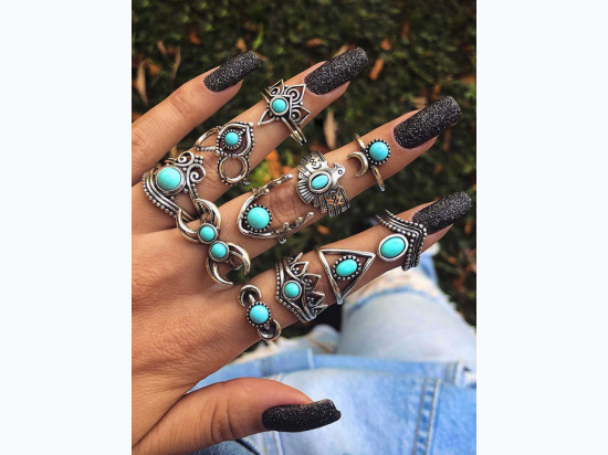 Vintage Look Western Faux Turquoise Ring Set - 11 Piece Set