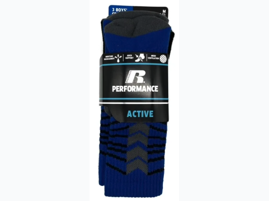 Boy's Russell Performance Crew Socks 3 Pack - Size Large  Shoe Size 3 - 9 -  Colors Vary