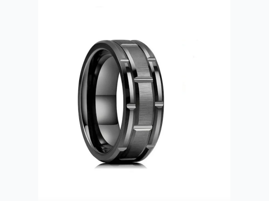 Men's Titanium Steel Brushed Etched Wedding Band Style Ring in Black