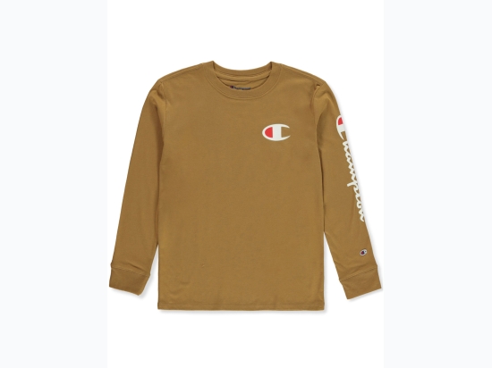 Boy's Champion Long Sleeve Arm Script Logo T-Shirt in Timber