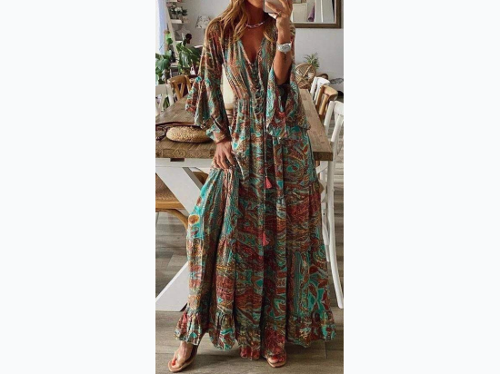 Women's Retro High Waist 3/4 Sleeve Bohemian Dress in Green