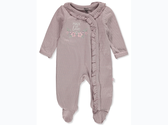 Baby Girl Made of Love Floral Embroidered Ruffled Coverall in Light Purple