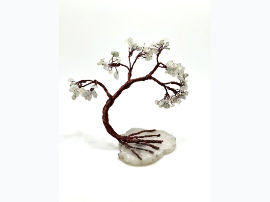 Small Curved Gemstone Wire Tree on Polished Quartz Base - Aquamarine