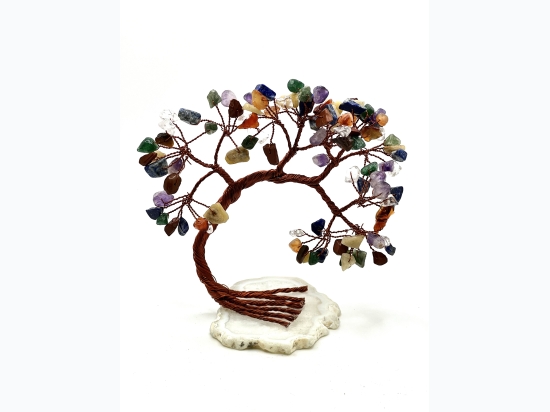 Small Curved Gemstone Wire Tree on Polished Quartz Base - 7 Chakra