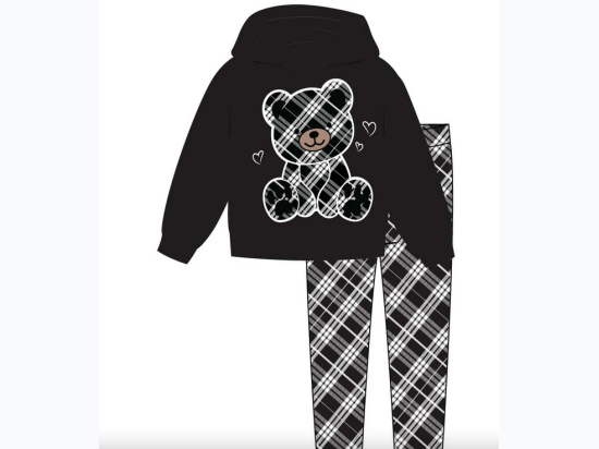 GIRLS PINK Plaid Teddy Bear Hooded Fleece Plaid Legging - Black & White