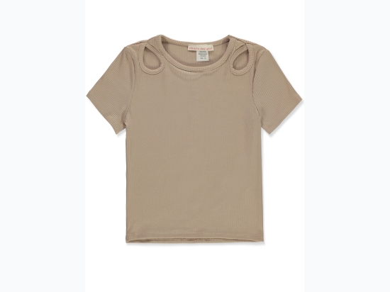 Girl's Keyhole Short Sleeve Ribbed Top in Khaki