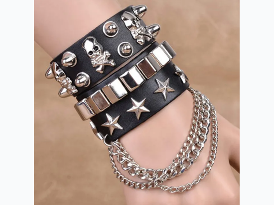 Men's Punk Style Skull & Rivet Drop Multi Chain Cuff Bracelet Set