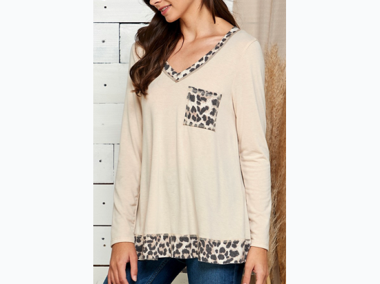 Women's Soft Leopard Contrast Long Sleeve V Neck Top