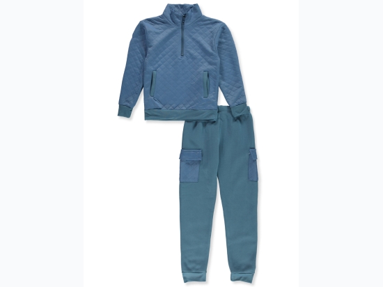 Boy's Quad Seven Solid Quilted Fleece 1/4 Zip Cargo Jogger Set - 2 Color Options