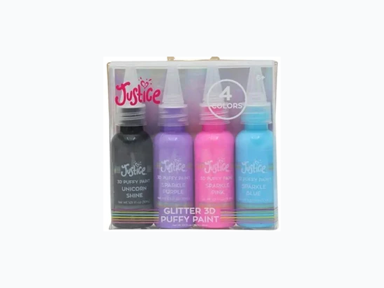 Justice 4 Pack Glitter 3D Puffy Fabric Paint - Unicorn Shine, Pink, Purple, Blue