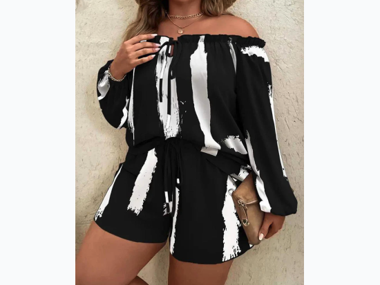 Plus Size Tie Dye Print Off The Shoulder Top Drawstring Short Set in Black and White