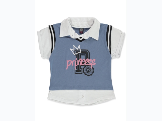 Girl's Star Ride Varsity Princess Twofer Top in Denim Blue