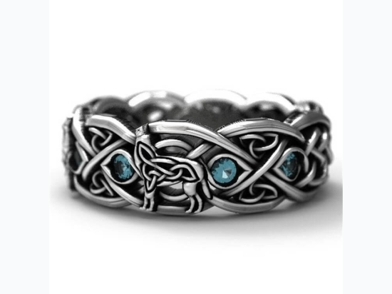 Men's Howling Wolf Knot Design Ring w/ Blue Rhinestone