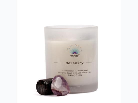 Premium Soy Blend Glass 5oz Candle w/ Crystals - Serenity - Frankincense & Sandalwood Scent