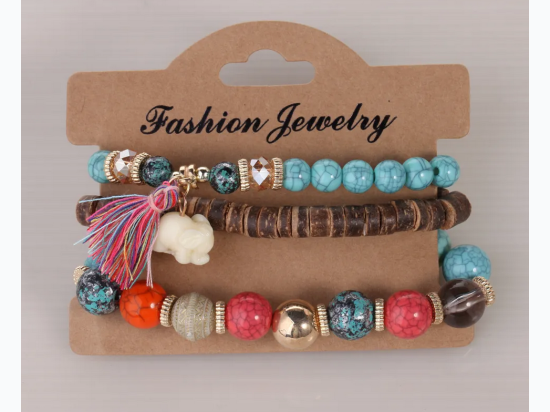 Elephant Charm Tassel  Wooden Beads Multilayer Bracelet in Blue & Pink