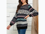 Women's Casual Crew Neck Contrast Long Sleeve Top - 2 Color Options