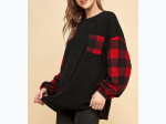 Women's Plaid Sleeve Contrast Knit Pullover - Black/Red