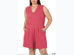 Plus Size Sleeveeless Cotton Romper With Pockets - 3 Color Options