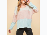 Women's Taupe/Peach/Mint Colorblock V Neck Long Sleeve Top