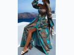 Women's TRIBAL PRINT OFF SHOULDER CORSET SLIT MAXI DRESS