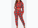 Women's 2PC PLAID Cropped Drawstring Hoodie and Highwaist Jogger - 3 Color Options