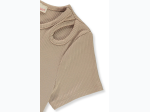 Girl's Keyhole Short Sleeve Ribbed Top in Khaki