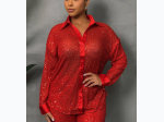 Women's Sequined Long Sleeve Button Down Blouse - 2 Color Options